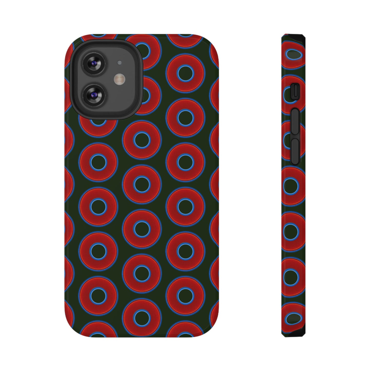 Impact-Resistant Lumpy Donut Case - red vivid donut print w/deep forest green background