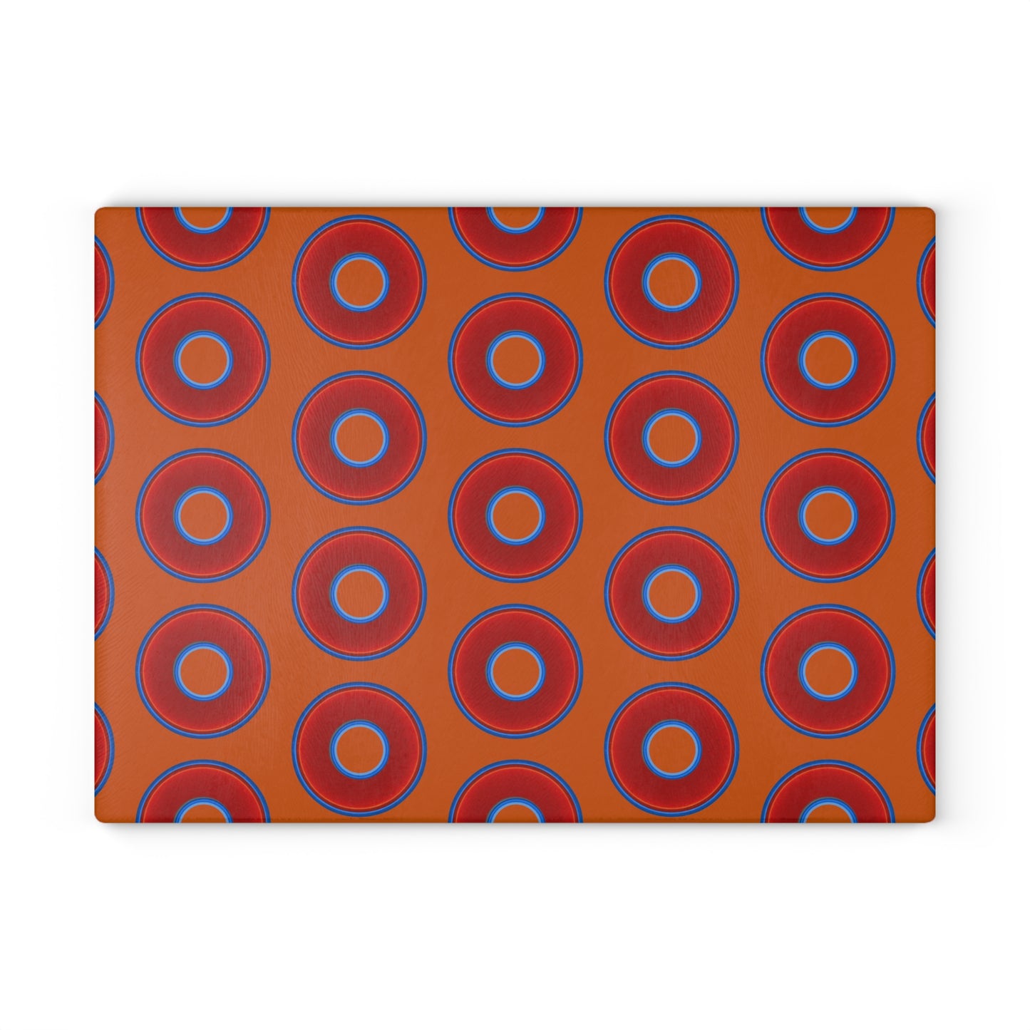 My Friend's Cutting Board - vivid red donuts w/dark orange background