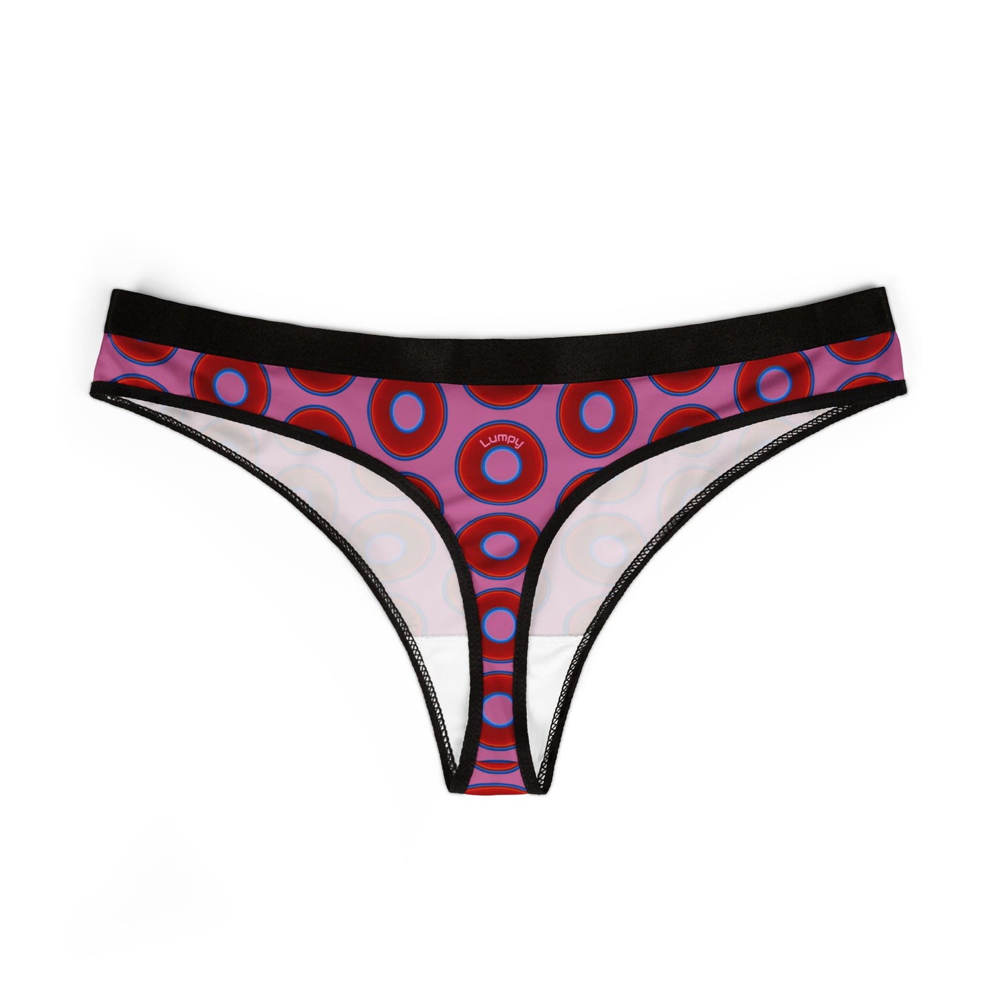 Lumpy Donut Thongs - red vivid donut print w/pink background