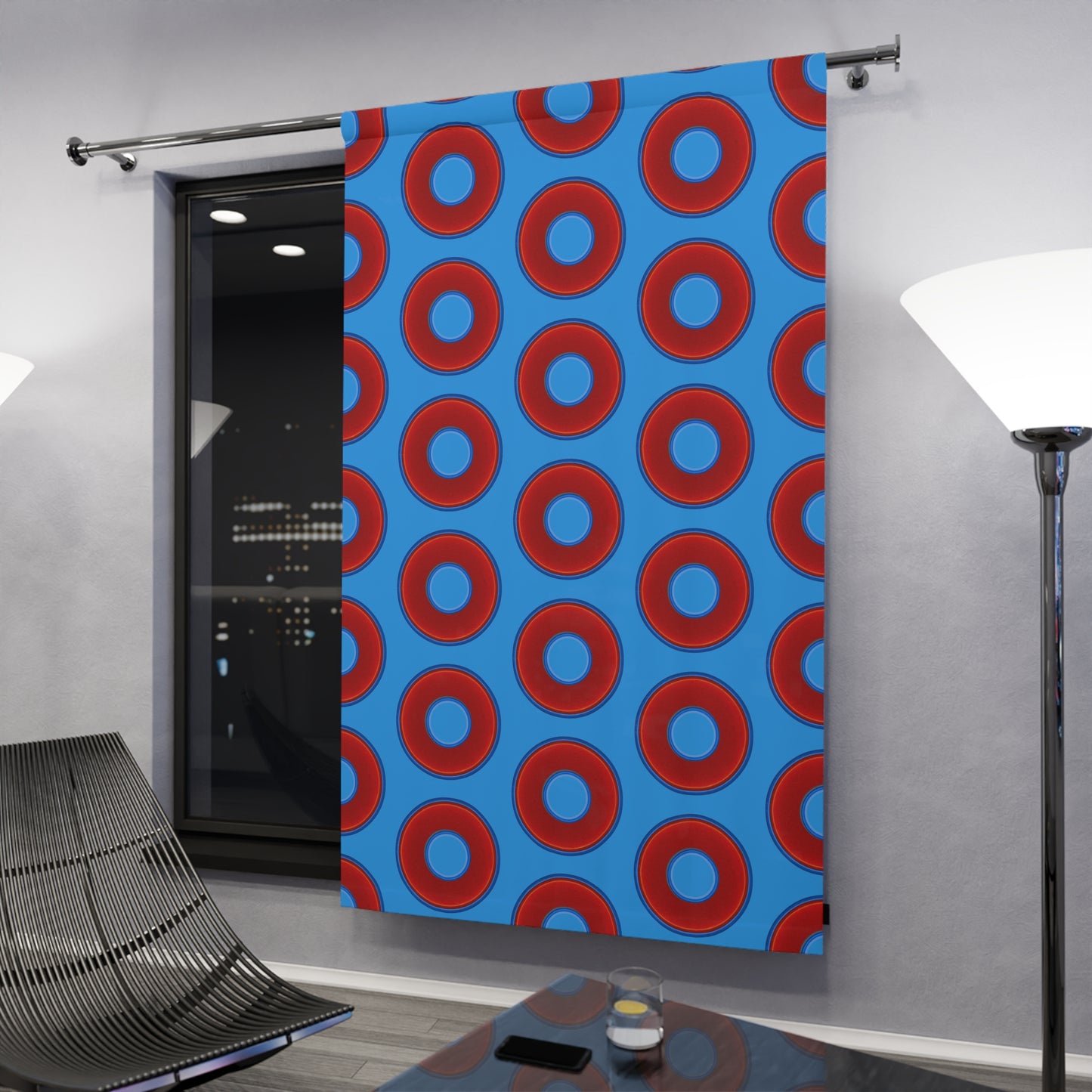 Lump's Heady Curtain w/Donuts - vivid red donut print - w/sky royal blue - [*1 Piece / 50" x 84"]