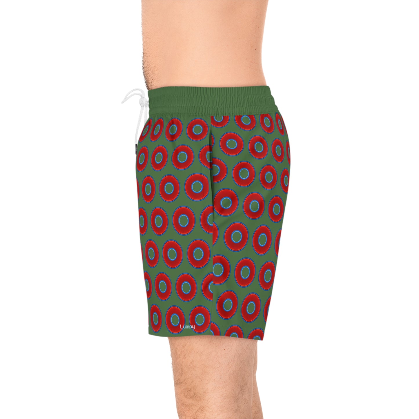 Men's Lumpy Swim Trunks - vivid red donut print w/dark green background