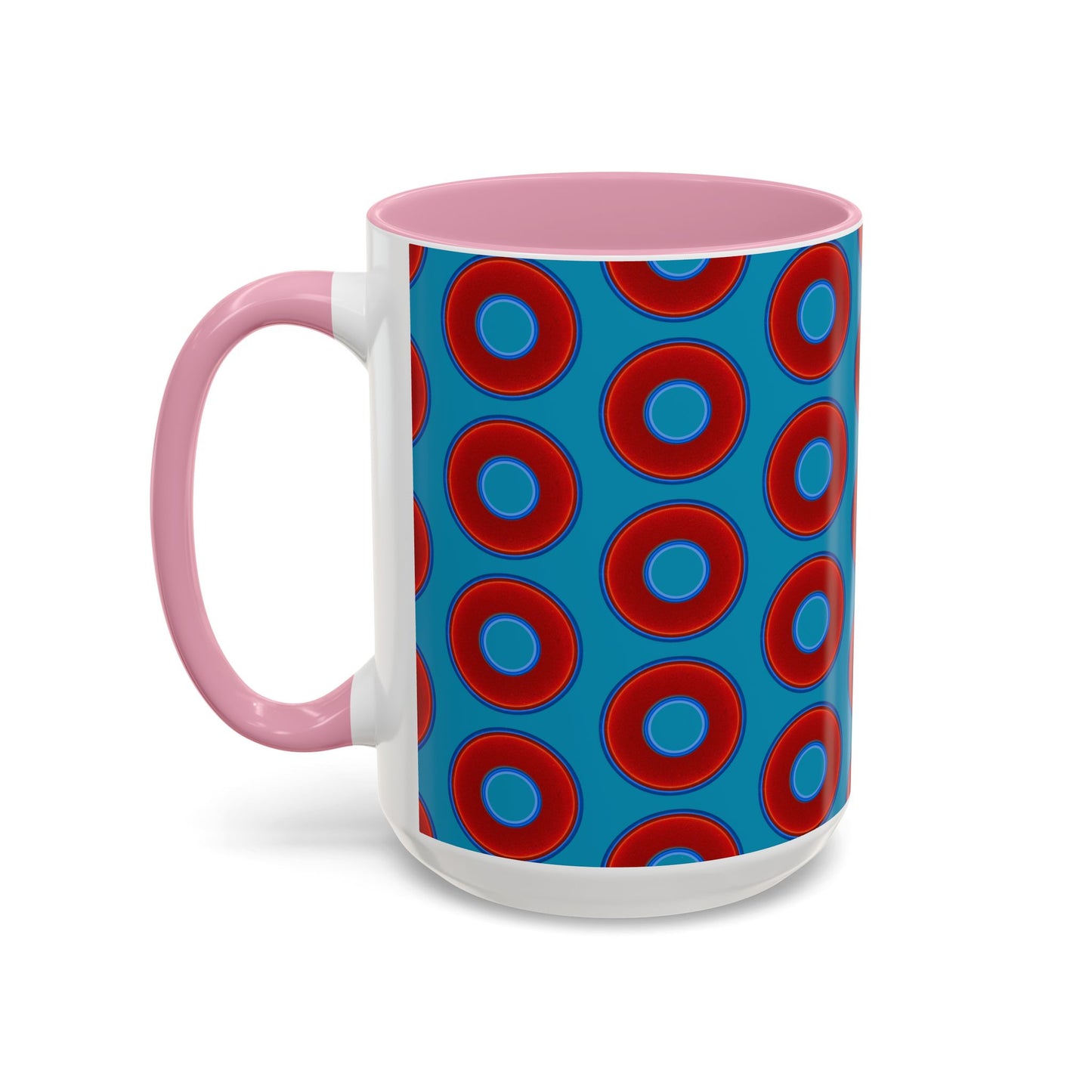 Lump's Grumpy Coffee Mug - vivid red donuts w/aquamarine blue background