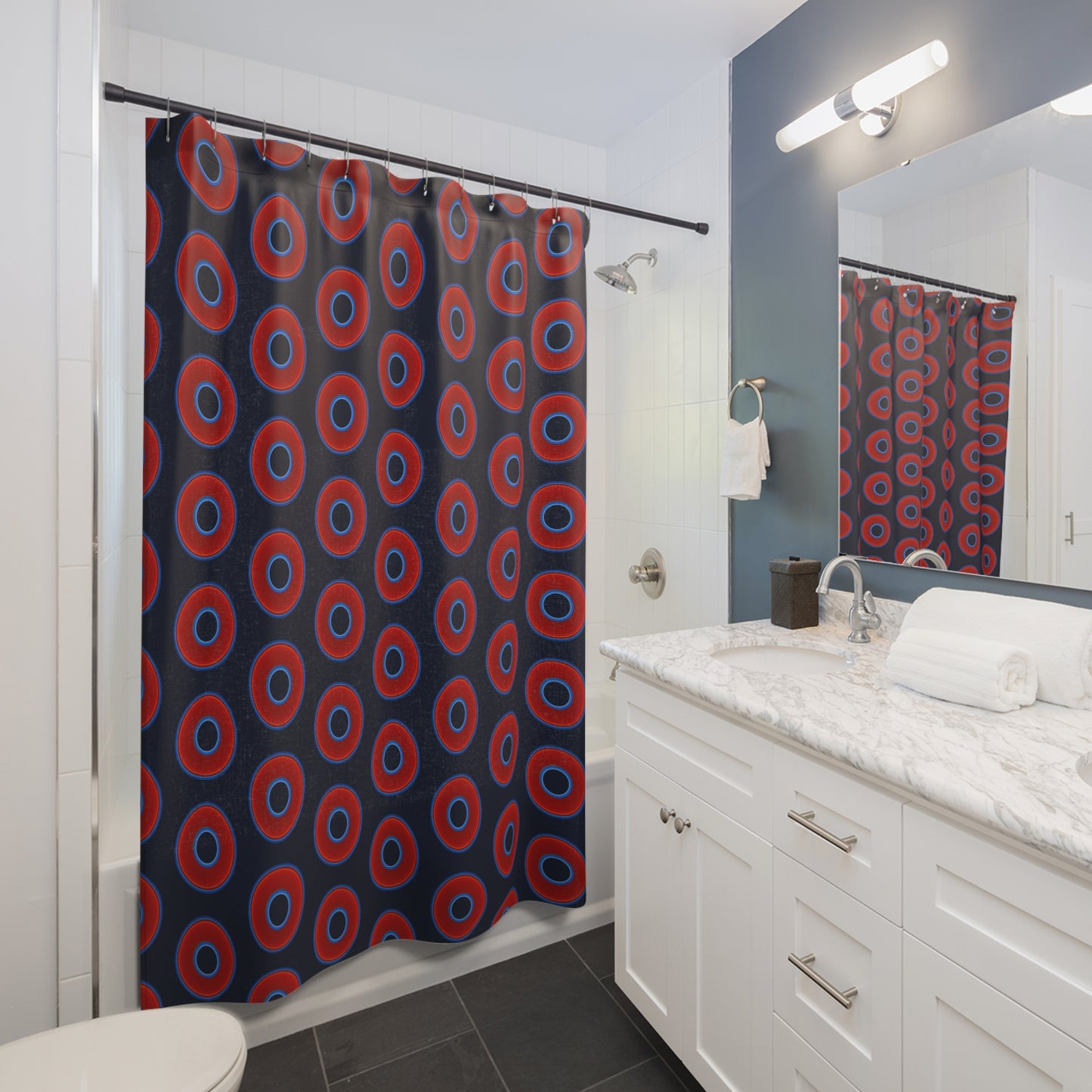 The Curtain With "Donuts" - Lumpy Bath Time Fun - vivid red donuts w/midnight teal background