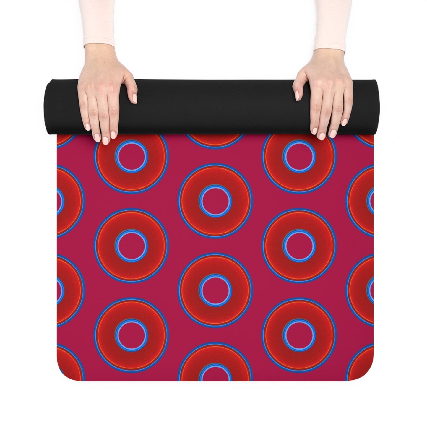 Lumpy Donut Yoga Mat :) - 24″ x 70" - vivid red donut print w/dark magenta background