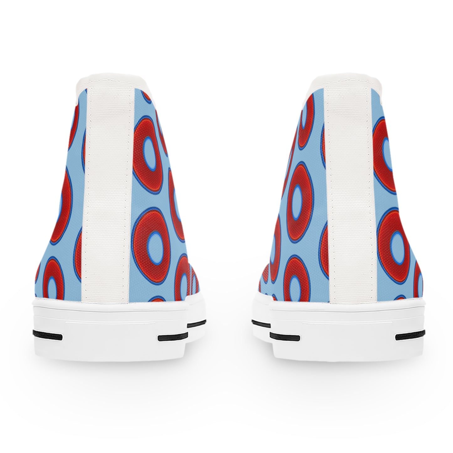 Women's High Top Chuck Taylors - large vivid red donut print w/light blue background