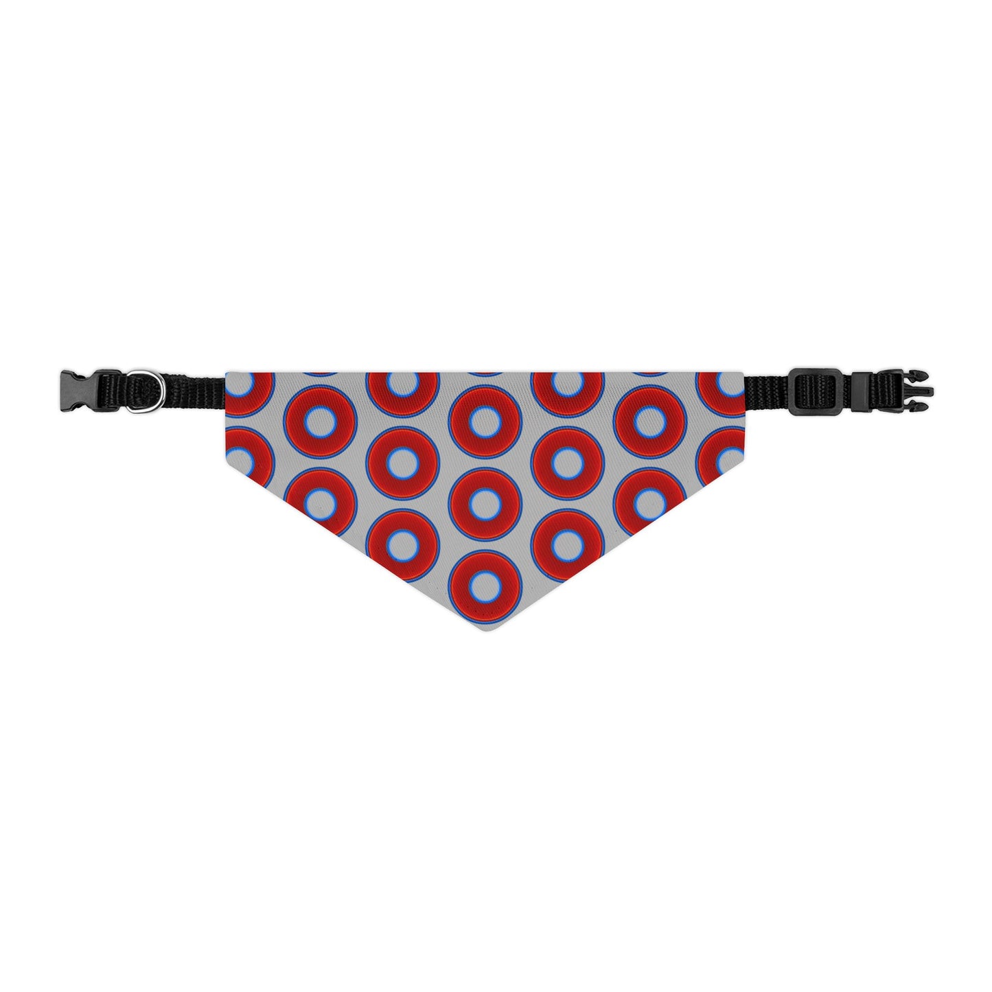 Jim's Lumpy Bandana Pet Collar - vivid red donuts w/light gray background