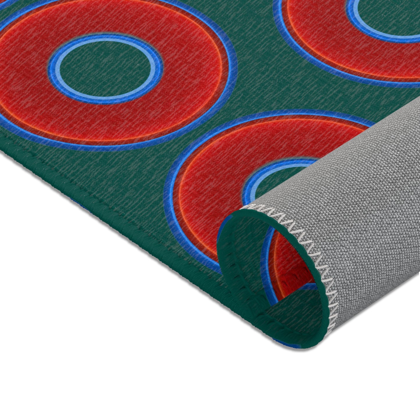 Lumpy Donut Print Rug - choice of 3 sizes - vivid red donut print w/dark Fenway green background