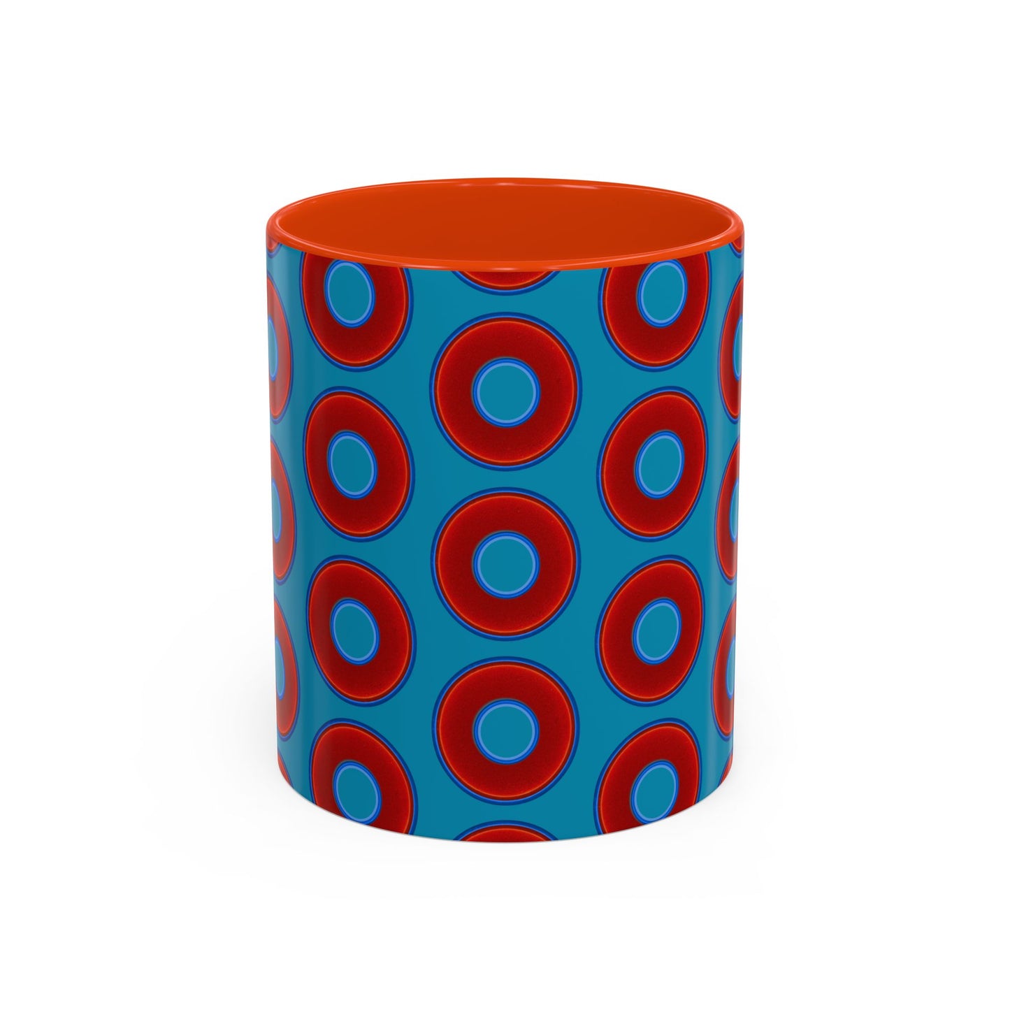 Lump's Grumpy Coffee Mug - vivid red donuts w/aquamarine blue background