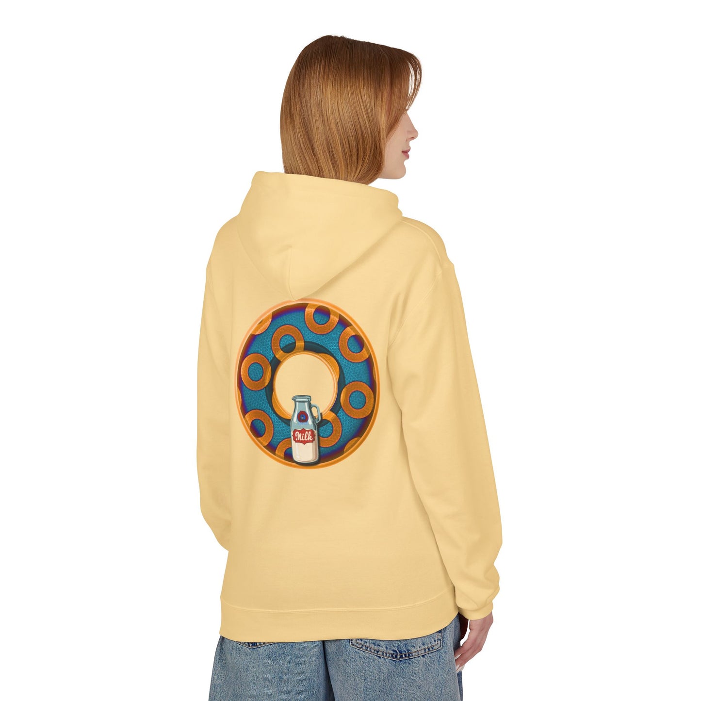 Fleece Harry Hoodies [Midweight Soft-style] - "Wooked Cream Dairy - YEMSG Donut" - blue/orange rustic paradox donut - variant 4