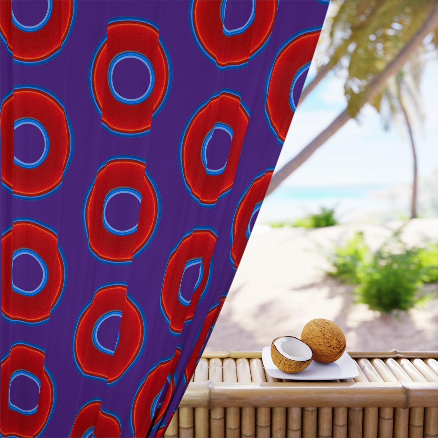 Lump's Heady Curtain w/Donuts - vivid red donut print - w/dark purple background - [*1 Piece / 50" x 84"]