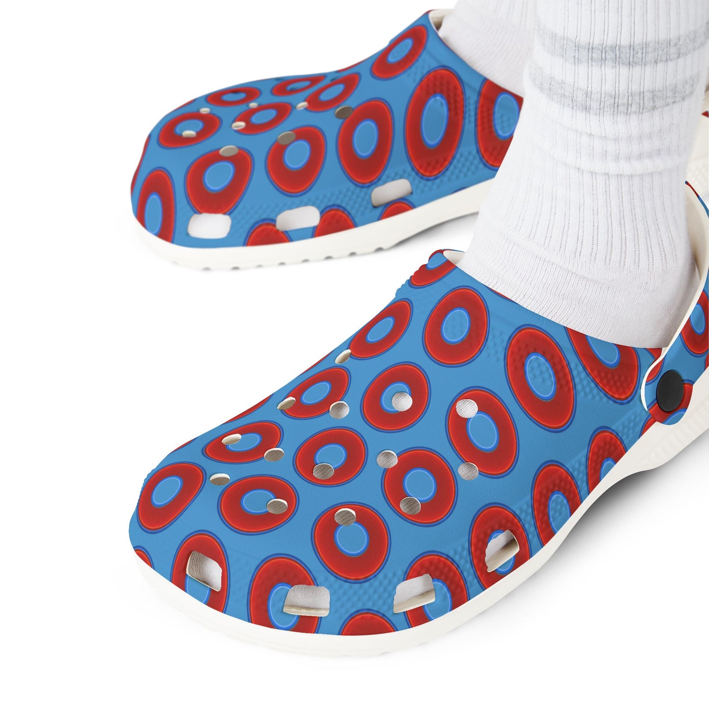 Spatchcocks - donut slip-on shoes - vivid red donuts w/light steel blue background [unisex]