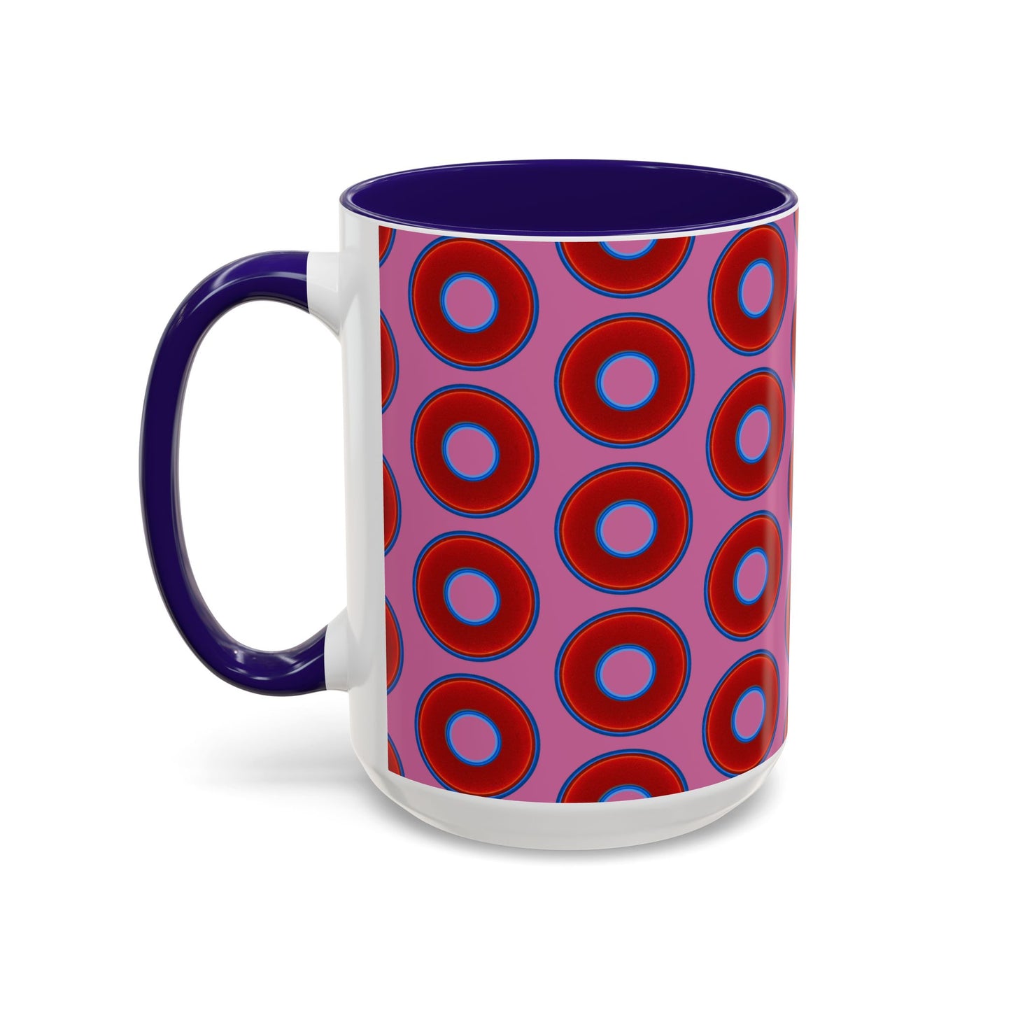 Lump's Grumpy Coffee Mug - vivid red donuts w/pink background