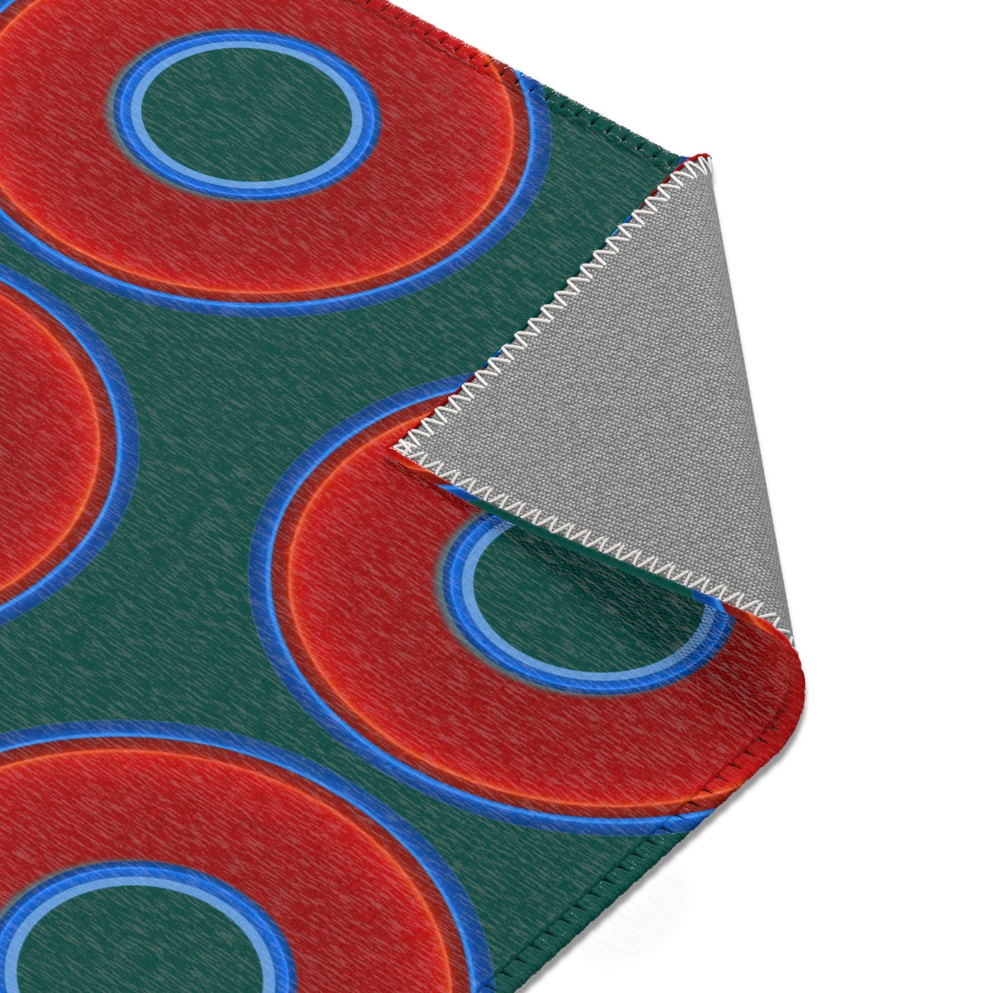 Lumpy Donut Print Rug - choice of 3 sizes - vivid red donut print w/dark Fenway green background