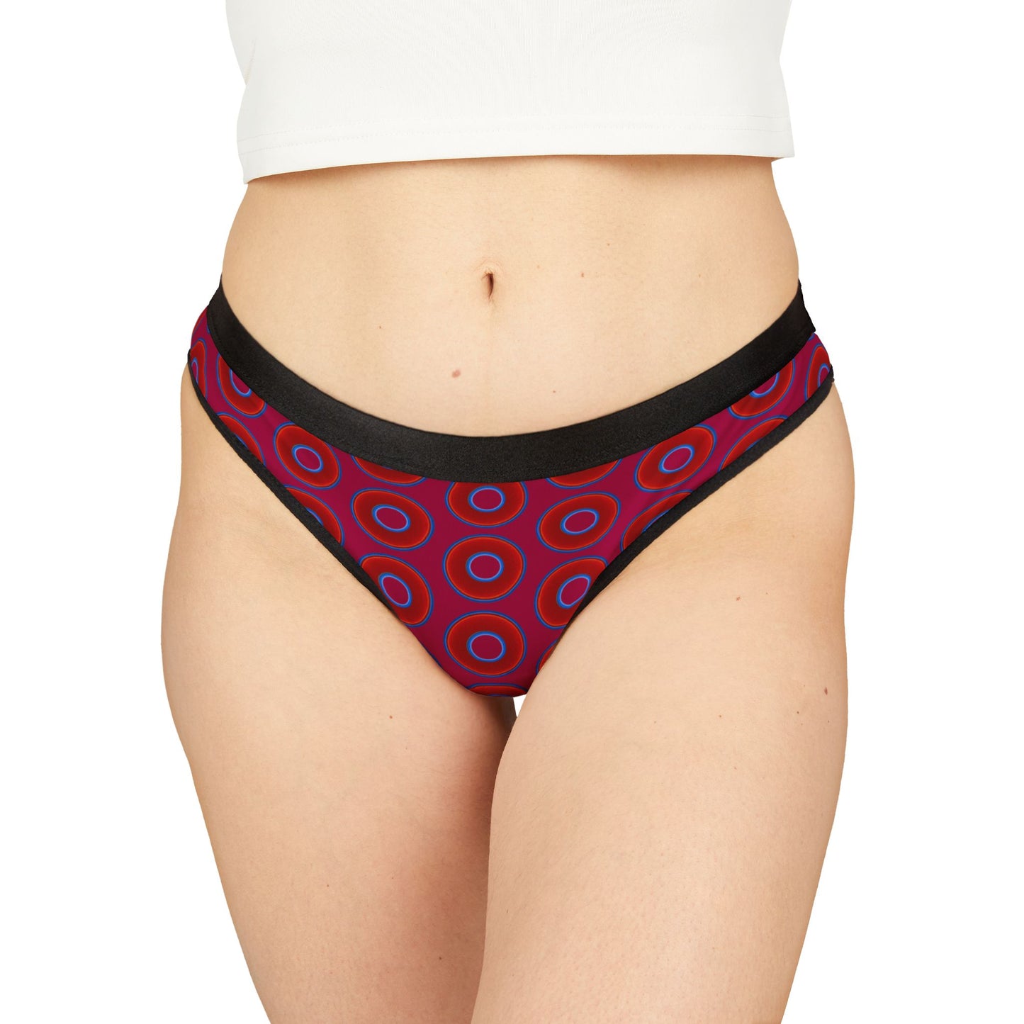 Lumpy Donut Thongs - red vivid donut print w/dark magenta background