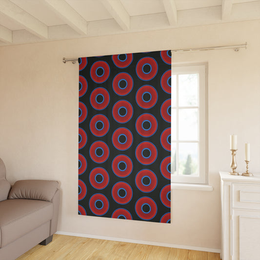 Lump's Heady Curtain w/Donuts - vivid red donut print - w/midnight moss green background - [*1 Piece / 50" x 84"]