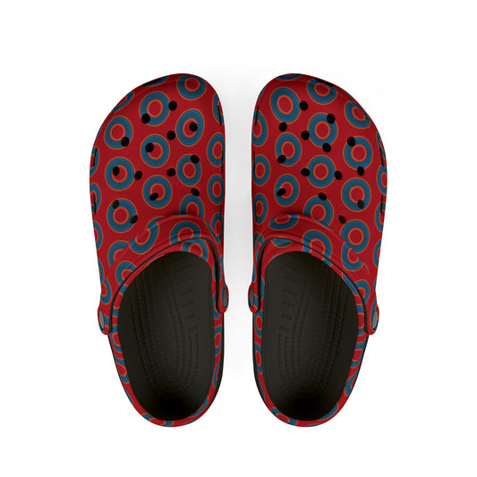 Spatchcocks - donut slip-on shoes - blue rustic donuts w/red background [unisex]