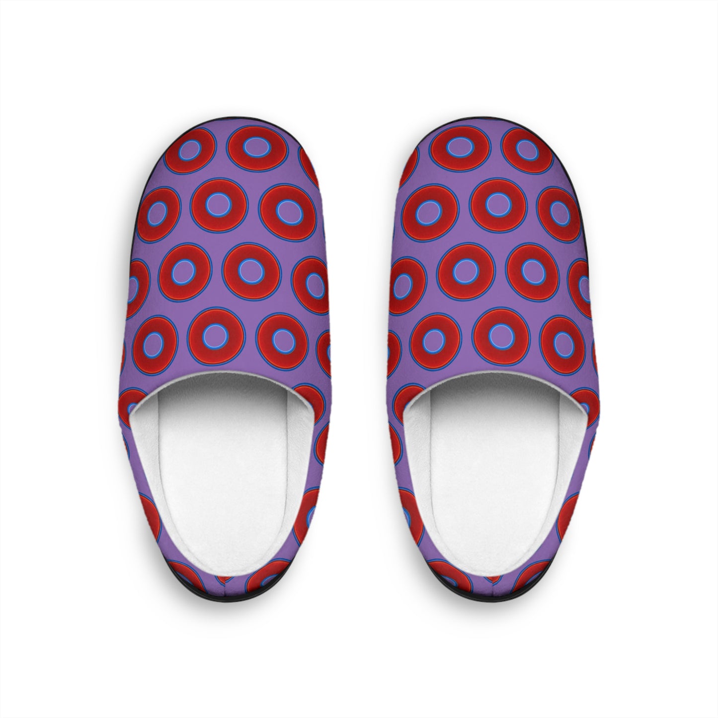 Men's Lumpy Slippers - red vivid donut print w/light purple background
