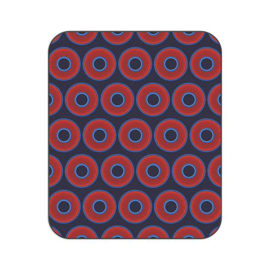 The Lumpy Party Blanket - giant water-resistant outdoor blanket [61" x 51"] - vivid red donuts w/midnight blue background