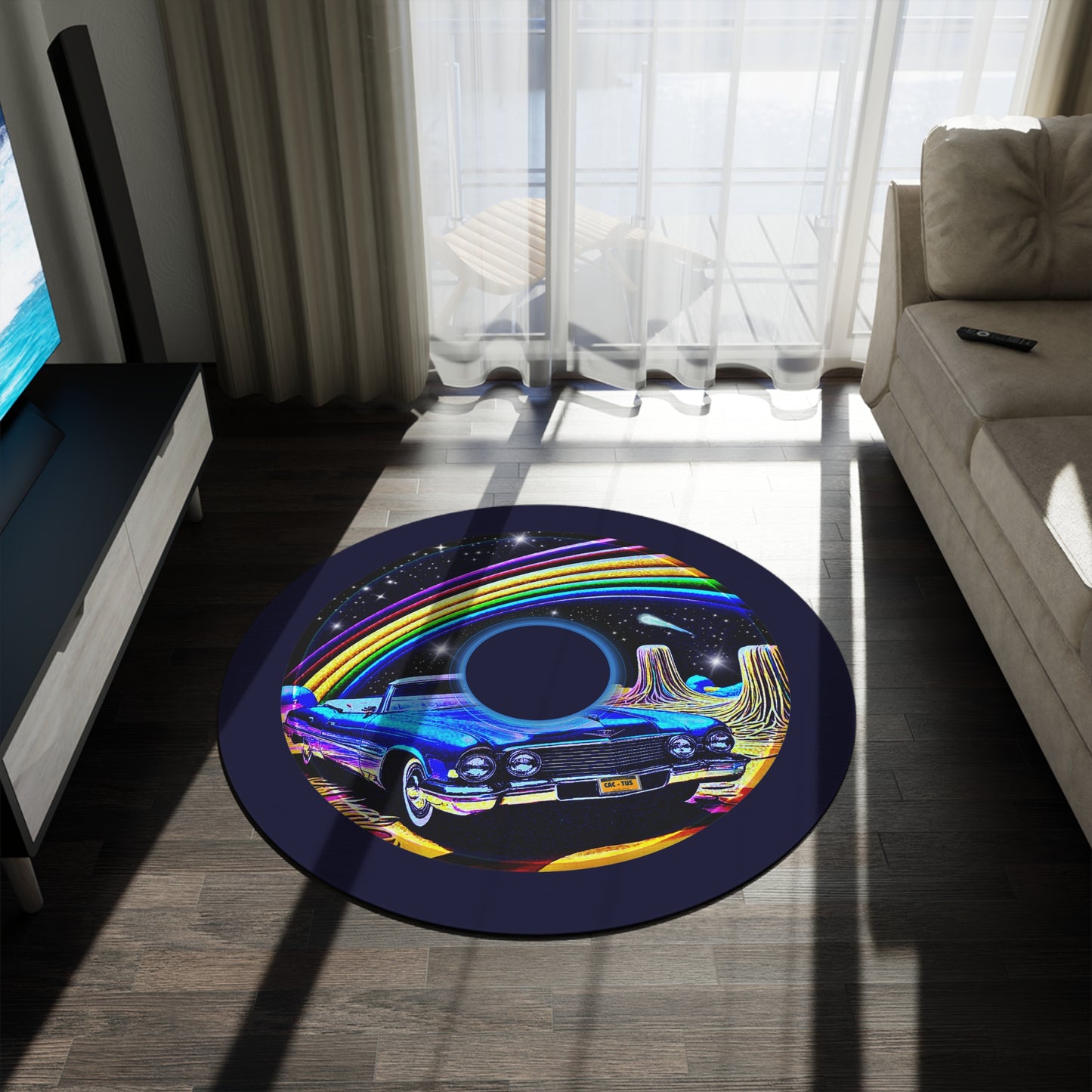 Round Room - 5 ft x 5 ft Lumpy Donut Rug - "Halley's Caddy Donut Rug" - black/blue pic donut w/midnight blue background - variant 2
