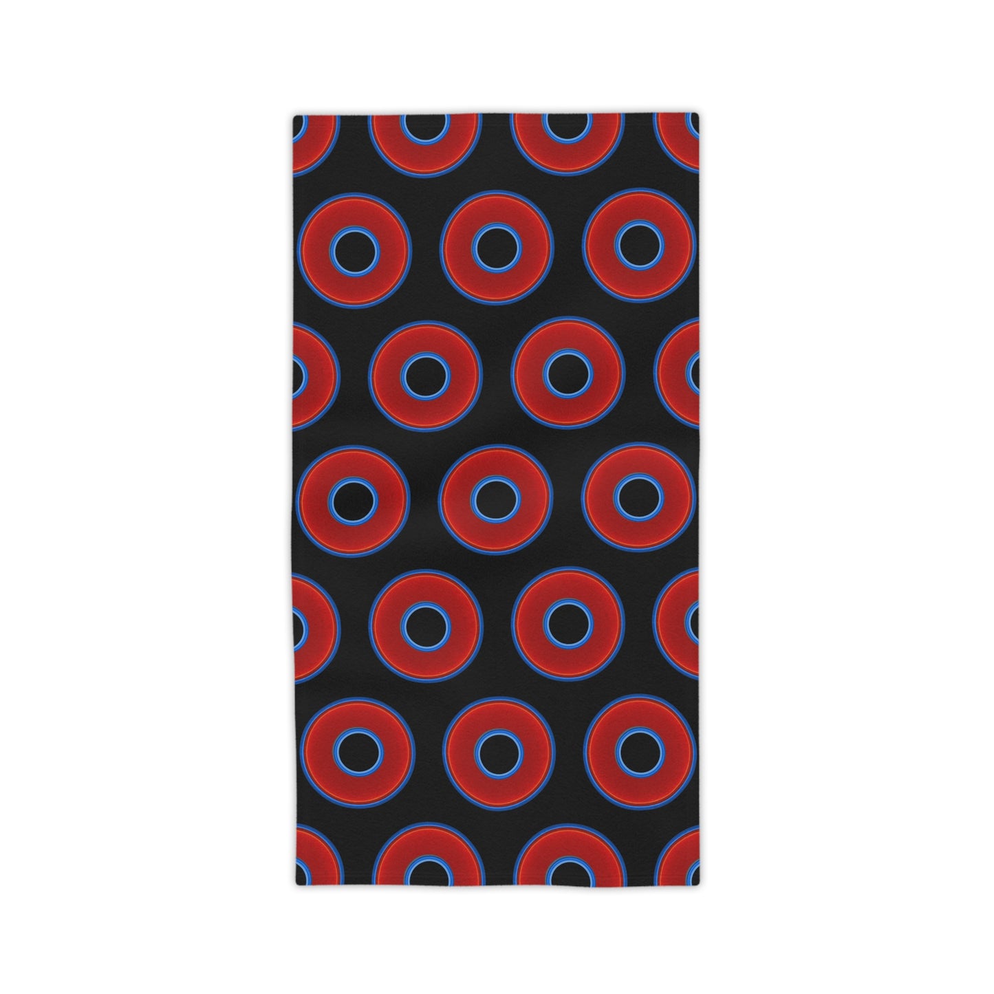 Lumpy Donut Towels - vivid red donuts w/black background