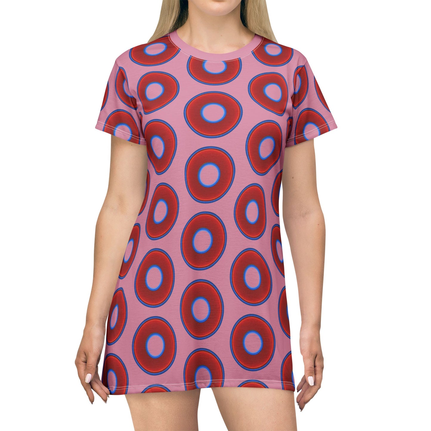 Not a Muumuu AOP Tee Shirt Dress - red vivid donuts w/pale magenta background