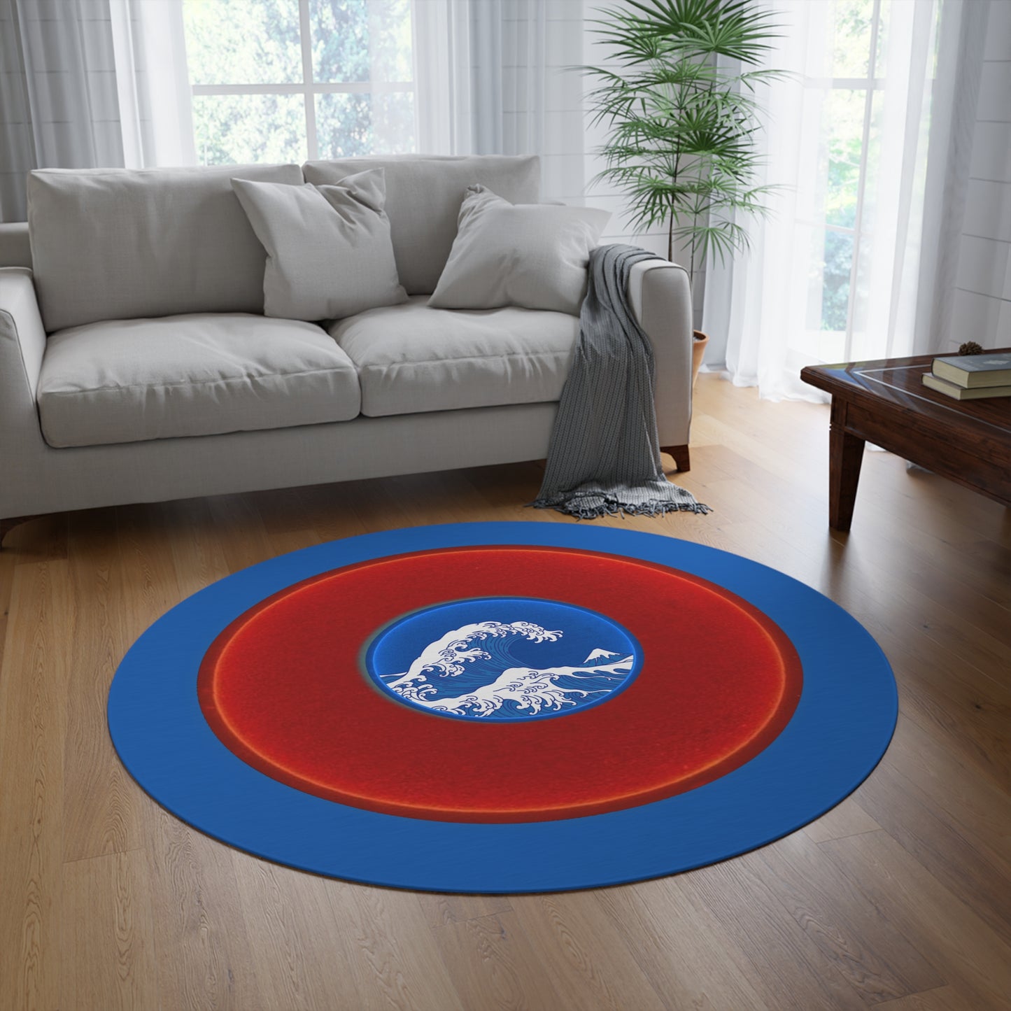 Round Room - 5 ft x 5 ft Lumpy Donut Rug - "The Donut Rug so Wide" - vivid red donut w/dark royal blue background - variant 2