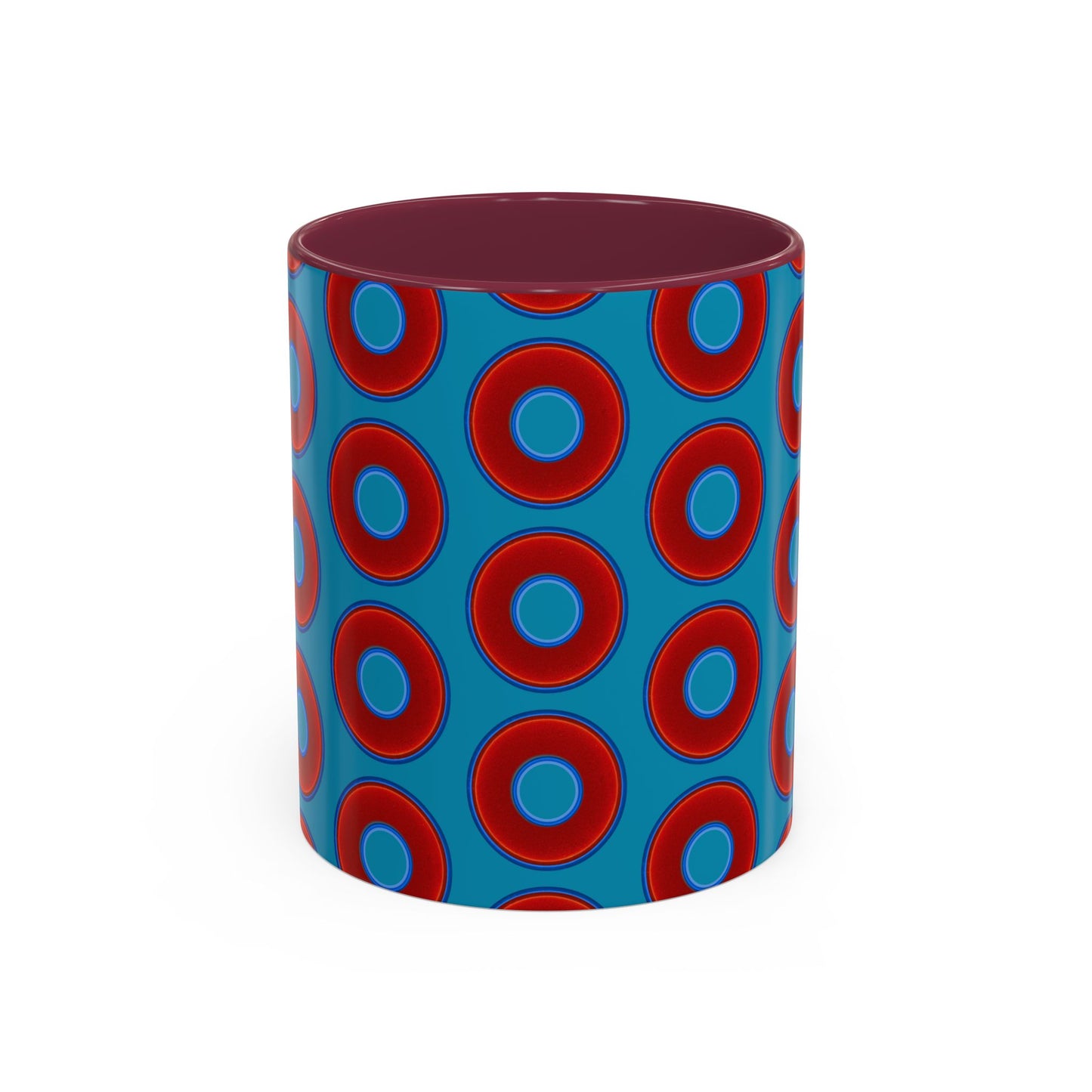 Lump's Grumpy Coffee Mug - vivid red donuts w/aquamarine blue background