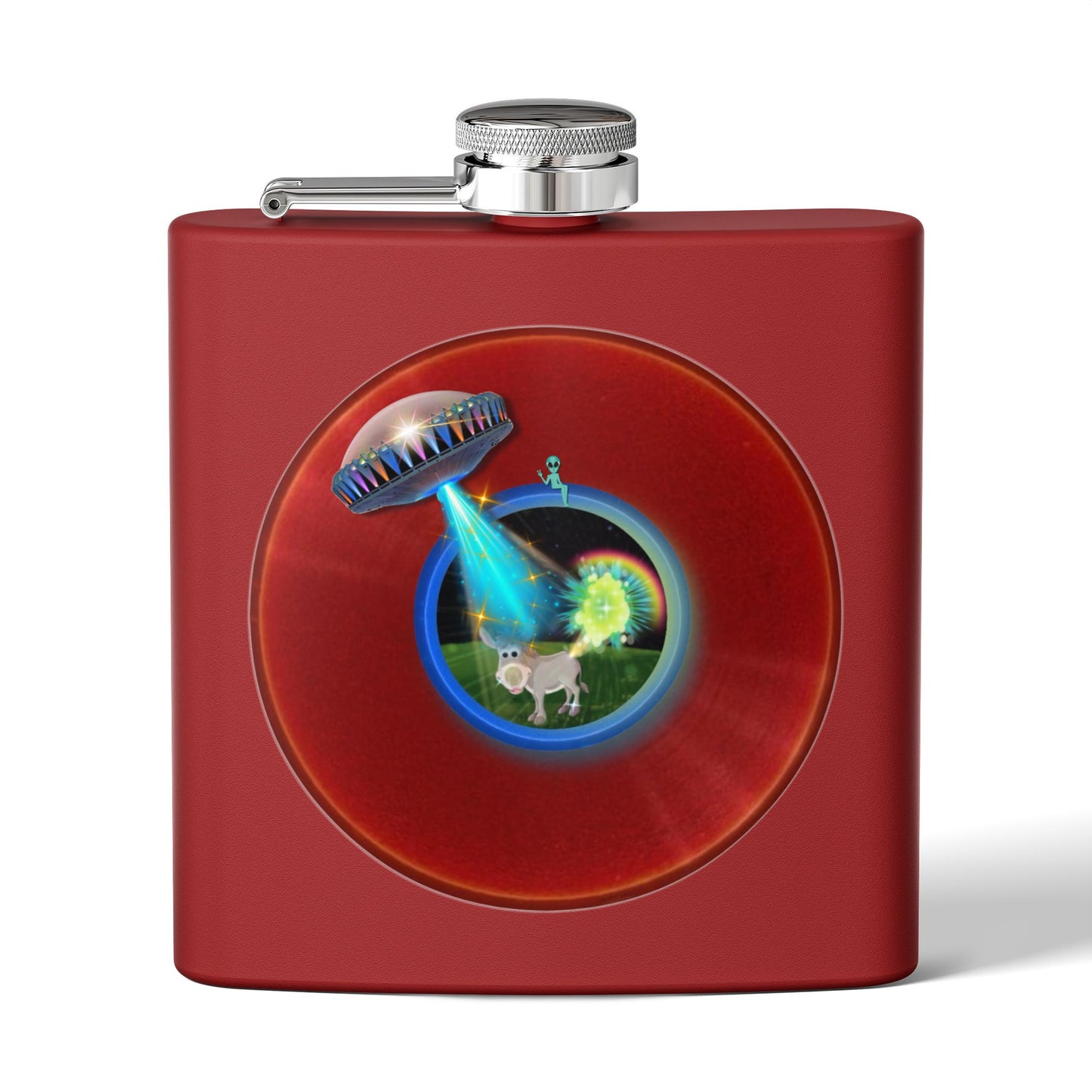 Lump's Donut Flask 6 oz -  "This Flask Scents of a Mule" - vivid red donut - [*w/your choice of 6 backgrounds]