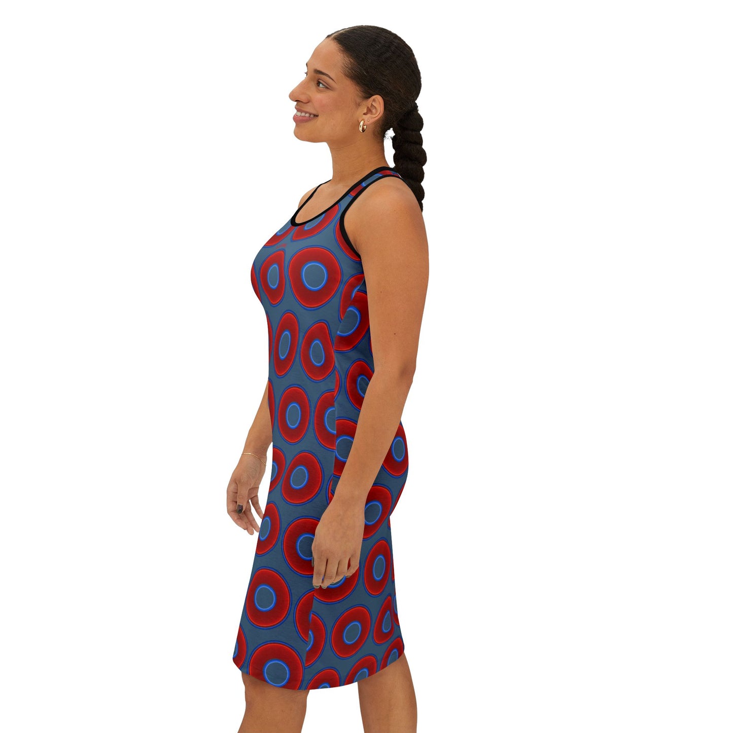 Tela's Lumpy Racerback Donut Dress - red vivid donut print w/steel blue background