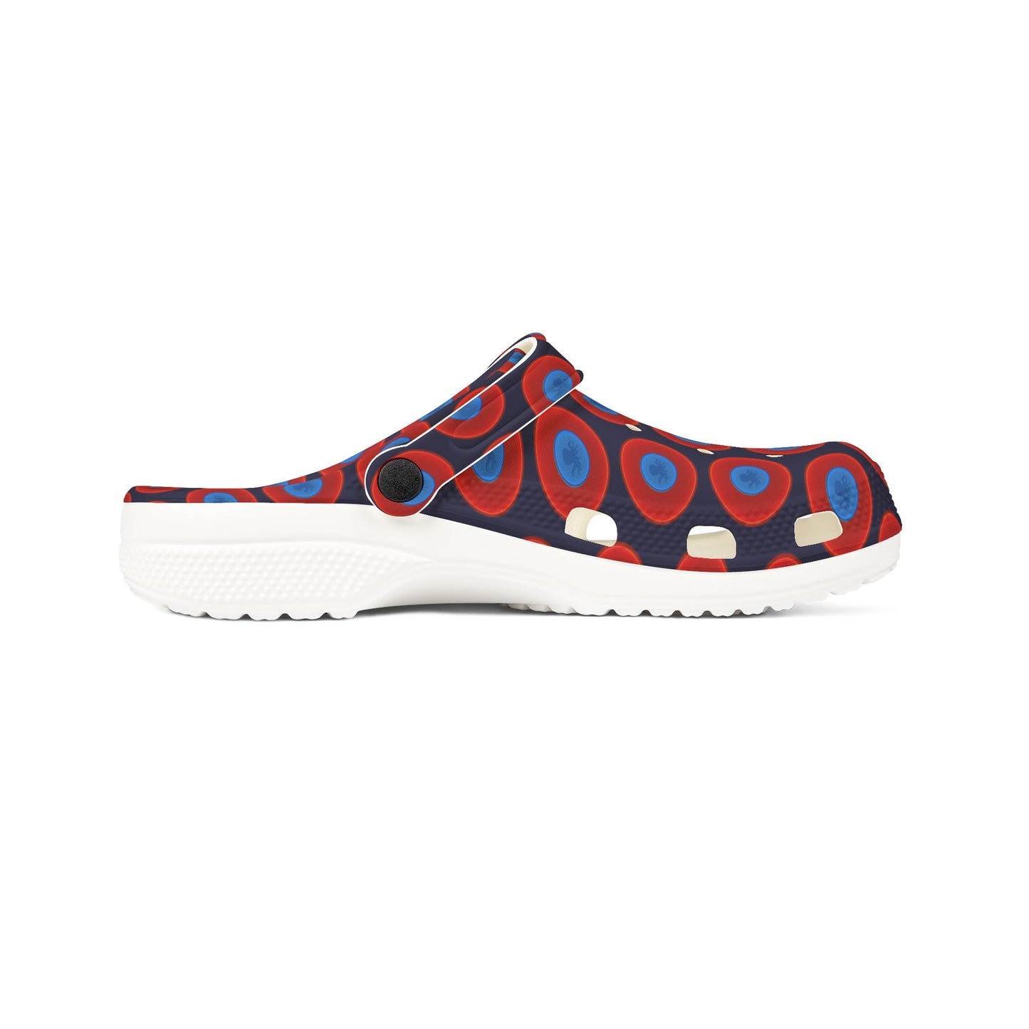 Spatchcocks - donut slip-on shoes - "Roger Moore's Octopussy Donut" - red vivid donuts w/midnight blue background [unisex]