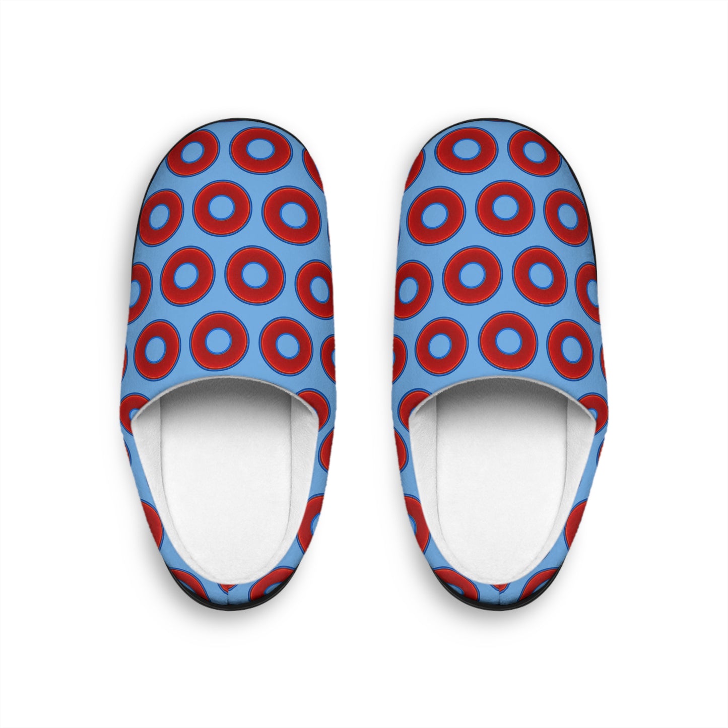 Men's Lumpy Slippers - red vivid donut print w/light blue background