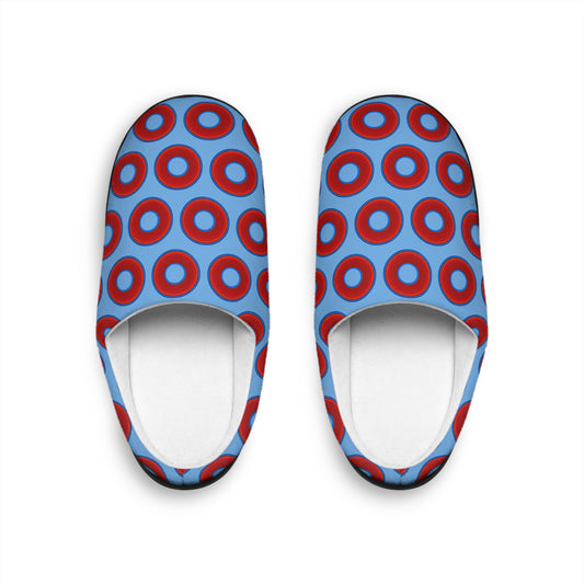 Men's Lumpy Slippers - red vivid donut print w/light blue background
