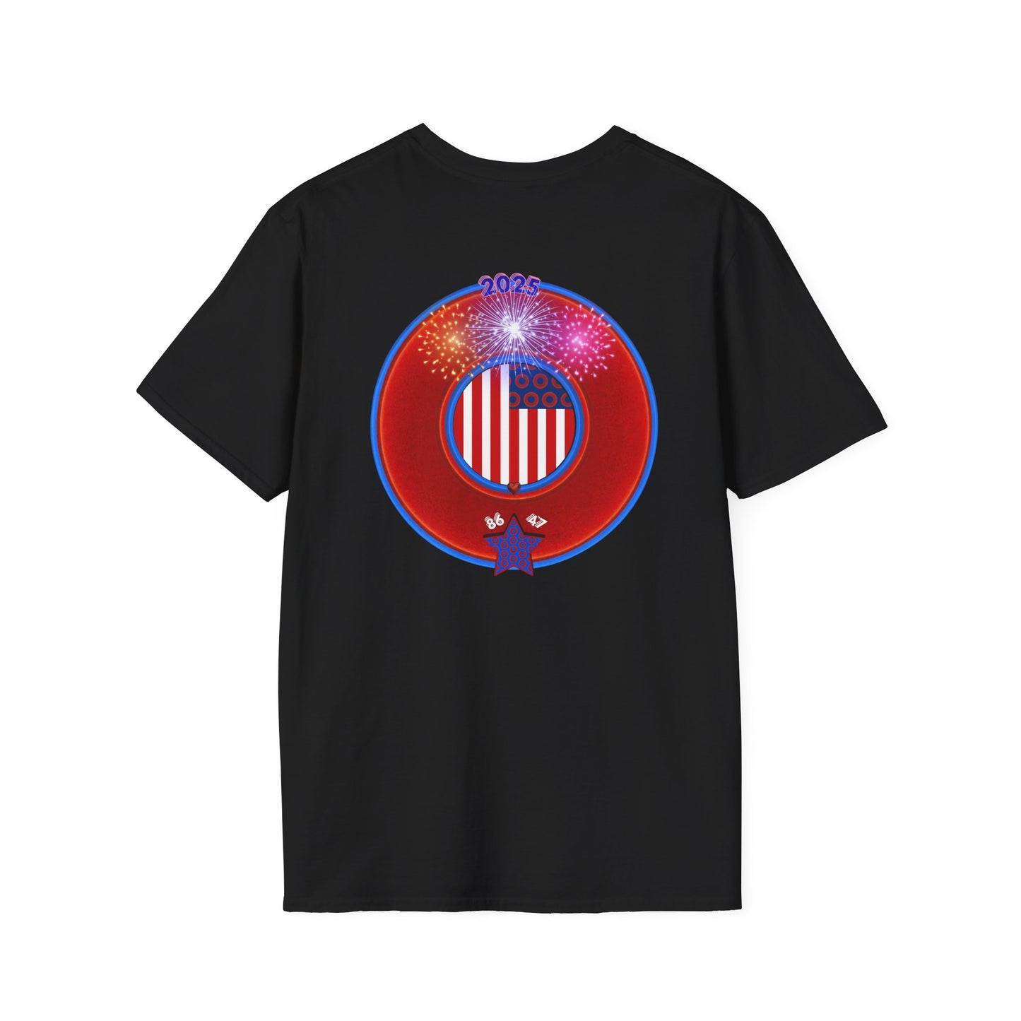 Classic Donut Tee - Unisex Soft-Style - "One Indivisible Donut" - vivid red phreedom donut - w/fireworks - variant 3