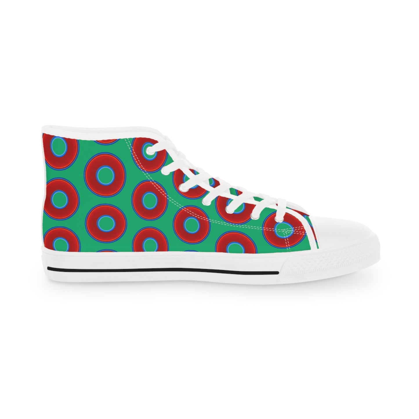 Men's High Top Chucks - large vivid red donut print w/jade green background