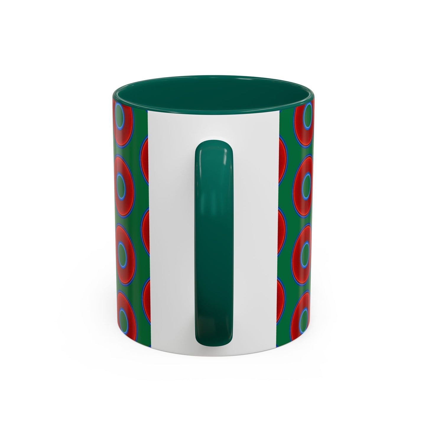 Lump's Grumpy Coffee Mug - vivid red donuts w/green background