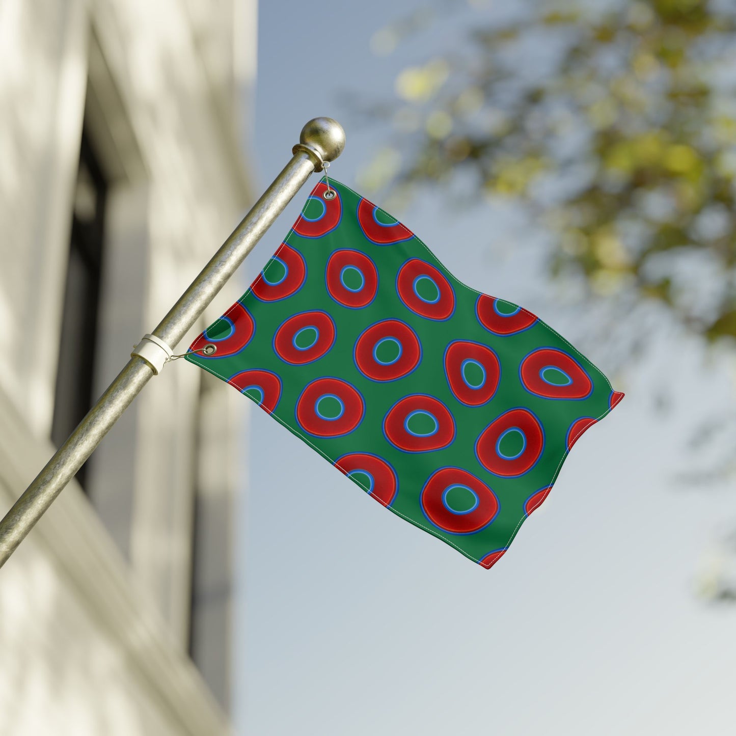 Lumpy Flagpole Sitters - Donut Flags [12" x 18"] - red vivid donut print w/green background