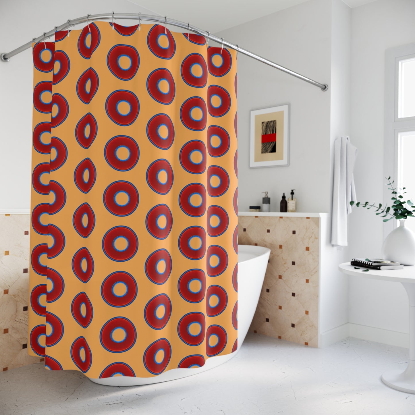 The Curtain With "Donuts" - Lumpy Bath Time Fun - vivid red donuts w/creamsicle orange background