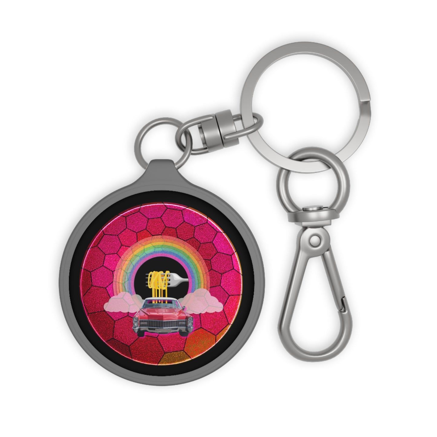 Lumpy Donut Keychain - "Spaghetti Incident in my Caddy" - series 1.0 - variant 3 - magenta hexadonut - w/red Caddy