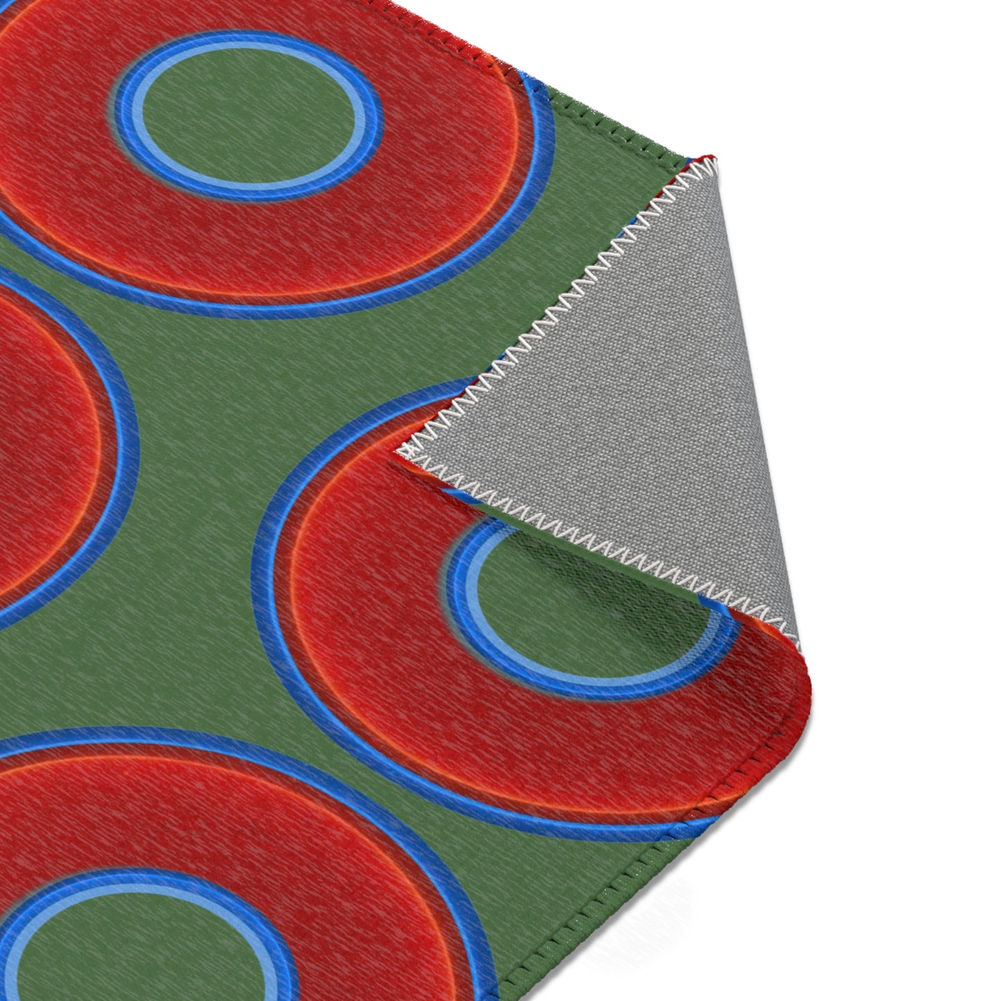 Lumpy Donut Print Rug - choice of 3 sizes - vivid red donut print w/dark green background