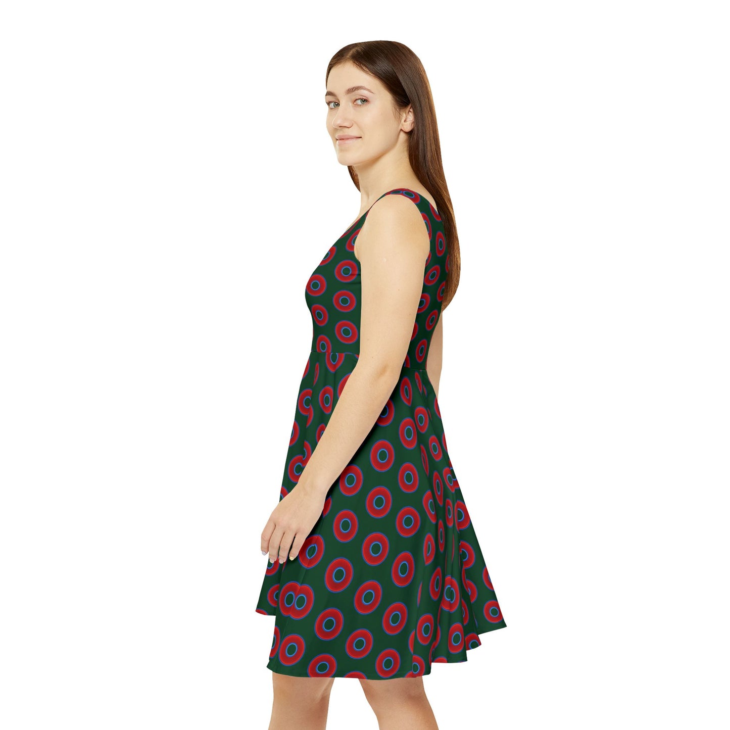Women's Skater Donut Dress - vivid red donut print w/deep pond green background