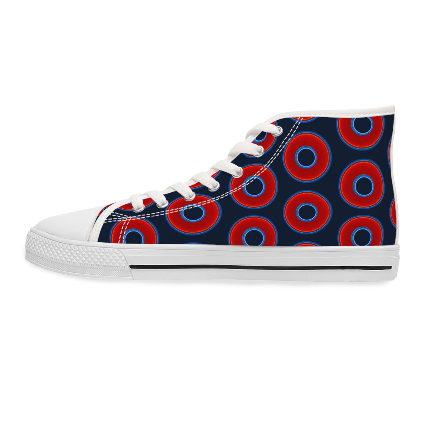 Women's High Top Chuck Taylors - large vivid red donut print w/dark teal blue elite background
