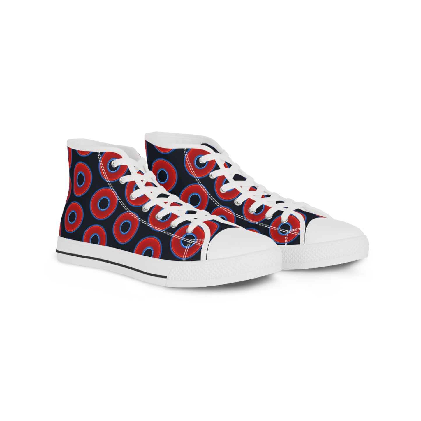 Men's High Top Chucks - large vivid red donut print w/blue charcoal background