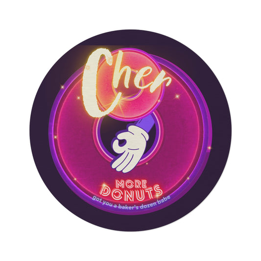 Round Room - 5 ft x 5 ft Lumpy Donut Rug - "Cher-ing is Caring Donut Rug" - vivid magenta donut w/midnight purple background - variant 1 - [*charitable donut]