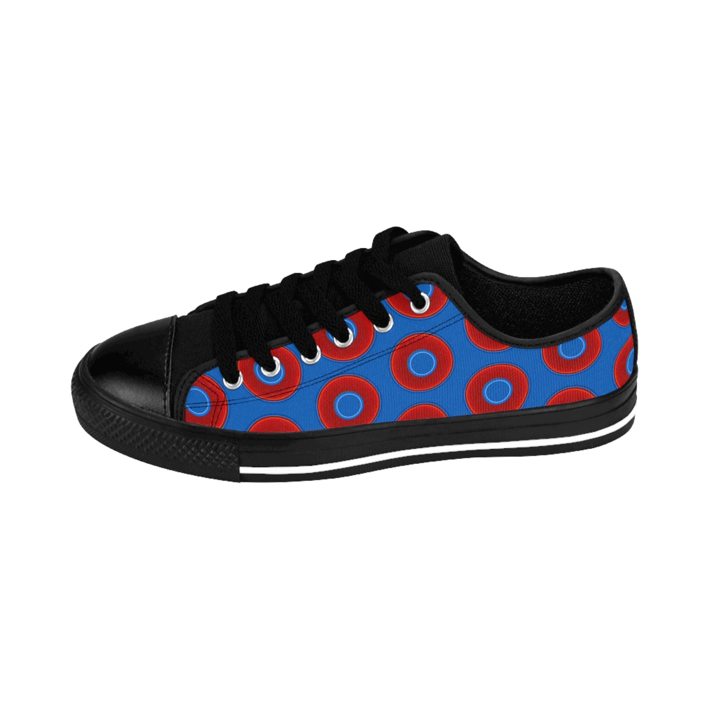 Women's Cushiony Convectors - Low Top - large red vivid donut print w/dark royal blue background