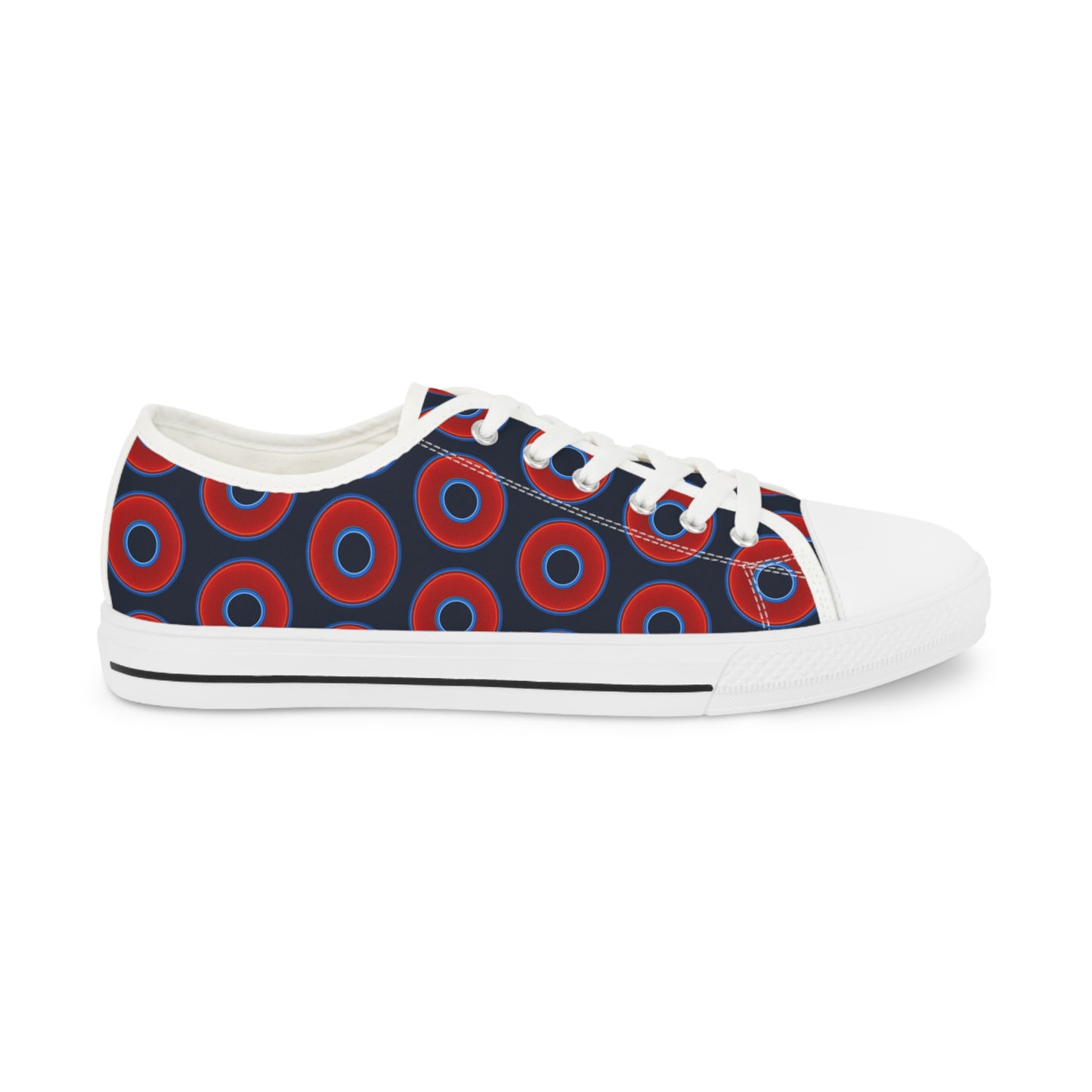 Men's - Low Top Chuck Taylors - large vivid red donut print w/dark blue teal elite background