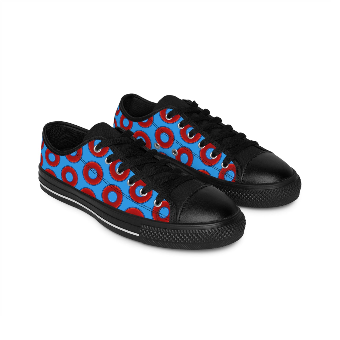 Women's Cushiony Convectors - Low Top - large red vivid donut print w/sky royal blue background