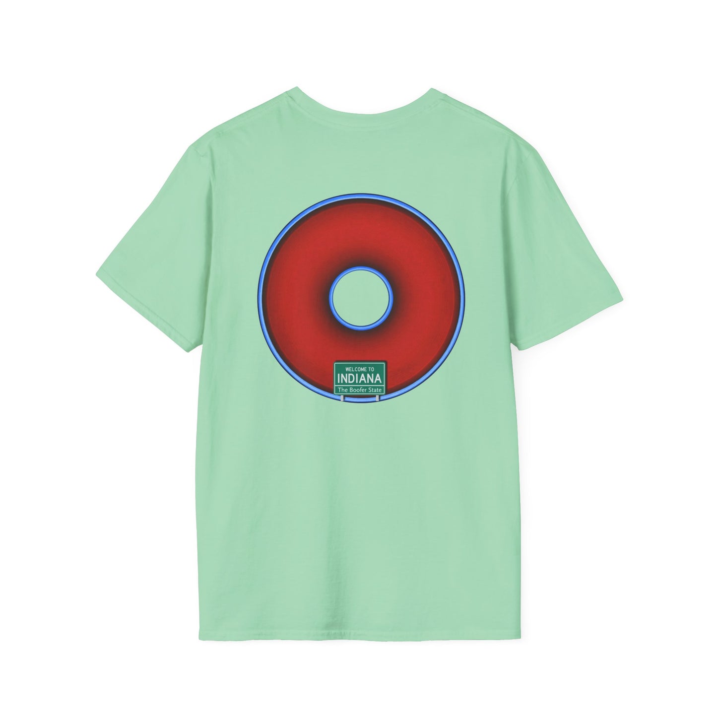 Classic Donut Tee - Unisex Soft-Style - "Indiana is for Boofers" - vivid red/blue plumpy donut - variant 3 - plain
