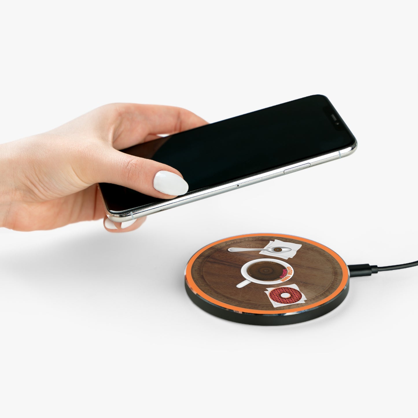 The Flow - Wireless Lumpy Donut Chargers - "Recharging via Coffee & Donuts" - wooden donut w/orange background