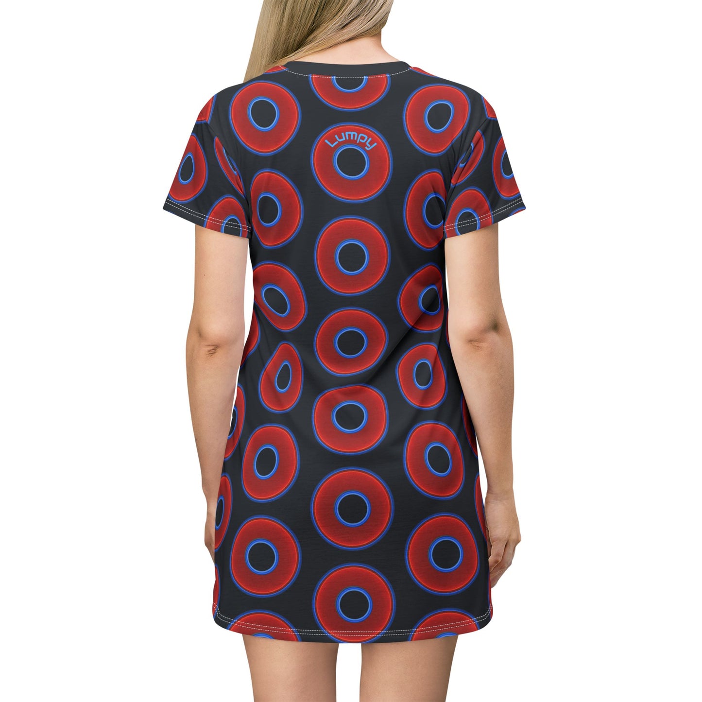 Not a Muumuu AOP Tee Shirt Dress - red vivid donuts w/midnight blue background
