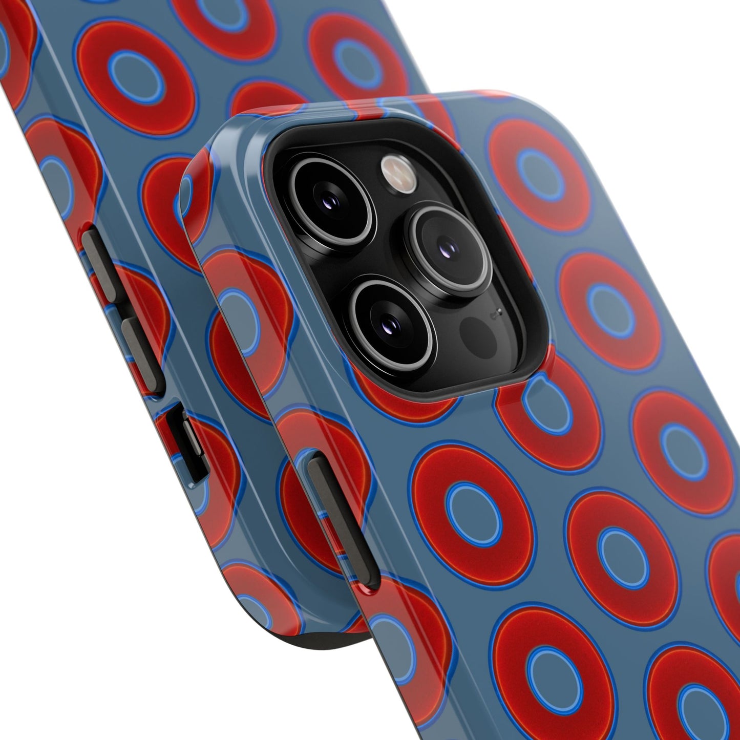 Impact-Resistant Lumpy Donut Case - red vivid donut print w/steel blue background